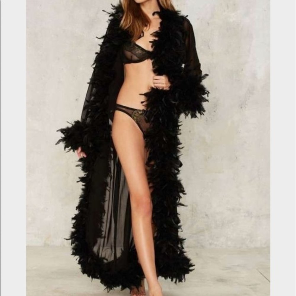 Nasty Gal Black Feather Trim Robe